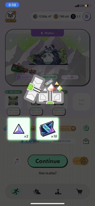 A mobile game screen showing a panda character labeled 'Walker' with stats (243219 power, 100.0/100.0, Lv 30), rewards (triangle x2, crystal x10), and a 'Continue' button.