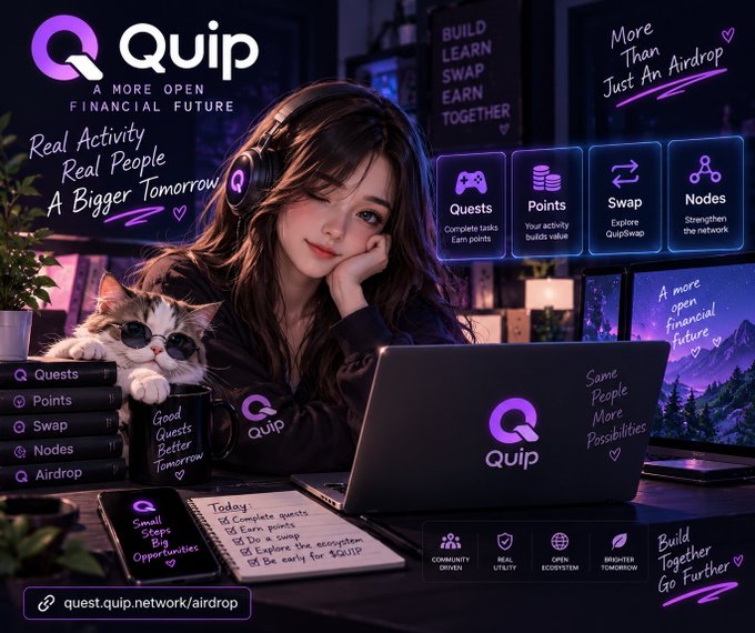 An advertisement for 'Quip' platform's airdrop event featuring a young woman with headphones and a cat beside a laptop, highlighting features like Quests, Points, Swap, and Nodes with the tagline 'More Than Just An Airdrop'.