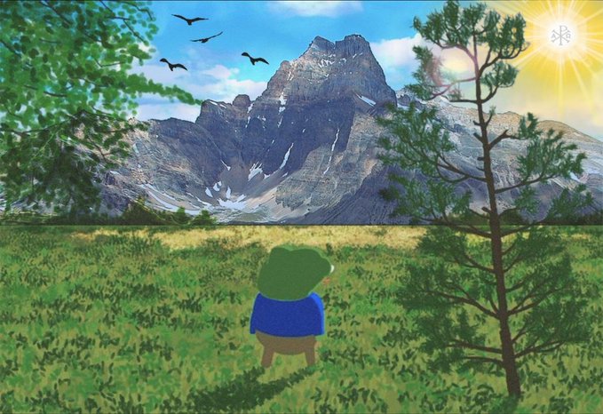 A digital artwork or collage featuring a small figure with a green head and blue shirt standing in a field, facing a rocky mountain peak under a bright sun, with trees and birds in the sky.