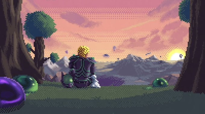 Pixel art scene of a blonde character sitting on a grassy cliff overlooking mountains at sunset, with trees framing the view.
