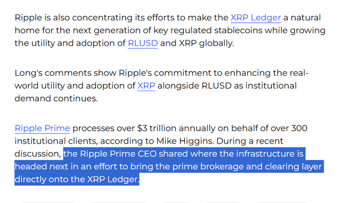 A text excerpt discussing Ripple's efforts to make the XRP Ledger a hub for regulated stablecoins, mentioning Ripple Prime processes over $3 trillion annually for 300+ institutional clients.
