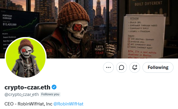 The image shows the Twitter profile of crypto-czar.eth (@crypto_czar_eth), the CEO of RobinWifHat, Inc (@RobinWifHat), featuring a skeleton avatar wearing a red beanie and sunglasses in a New York office setting. The profile's vision board displays goals like "BUILD IRL" and "EMPOWER THROUGH WEB3," aligning with the post's portrayal of him as a key figure reviving the NFT community.