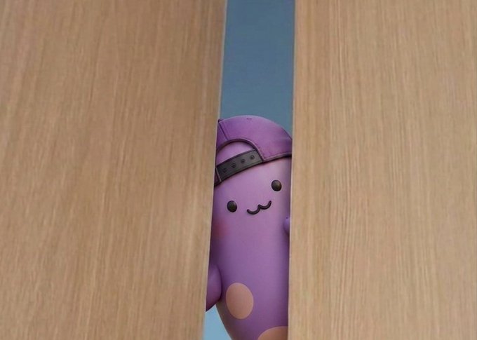 A purple cartoon character with a smiling face and a backward cap peeks through a partially open wooden door.