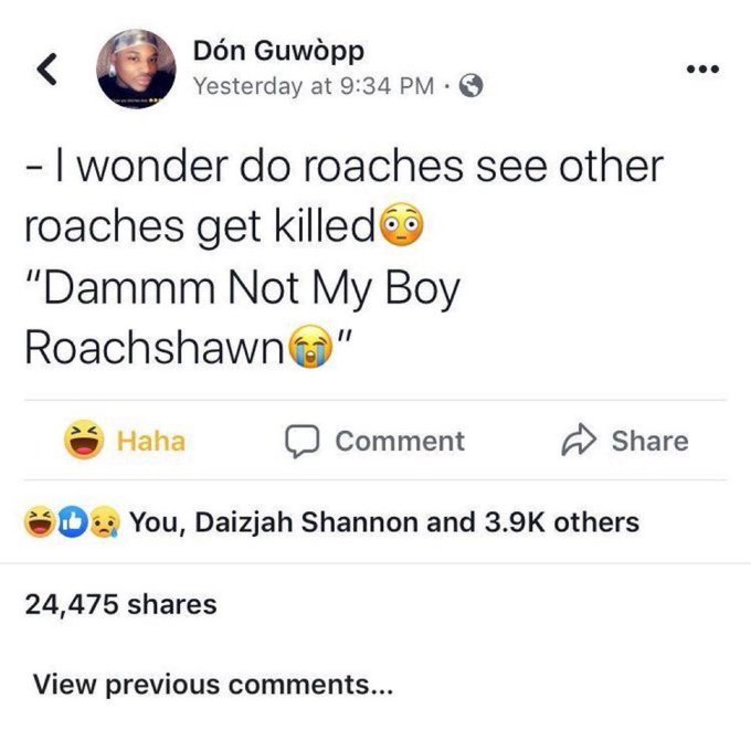 A Facebook post by 'Dón Guwòpp' humorously wonders if roaches watch other roaches get killed, imagining them saying 'Dammmm Not My Boy Roachshawn' with crying emojis, receiving 24,475 shares.