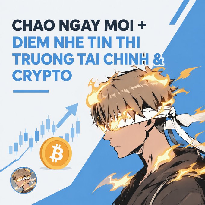 An anime-style graphic features a character with fiery eyes and the words 'CHAO NGAY MOI + DIEM NHE TIN THI TRUONG TAI CHINH & CRYPTO' alongside Bitcoin and stock chart imagery.