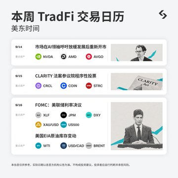 The image displays a "本周 TradFi 交易日历" (This Week's TradFi Trading Calendar) highlighting key financial events from September 15-19, featuring company representatives and policy-related imagery alongside tagged tickers like $NVDA, $AMD, $AVGO, $CRCL, $COIN, $STRC, $XLF, $JPM, $AU/USFD, $US500, $WTI, and $USDCAD, which directly correspond to the scheduled events mentioned in the post including AI chip earnings, CLARITY Act protocol voting, FOMC decisions, and EIA crude oil inventory data releases.