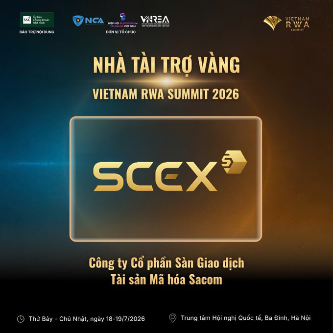 A promotional poster for the Vietnam RWA Summit 2026 featuring gold sponsor SCEX (Sacom Crypto Asset Exchange), held July 18-19, 2026 in Hanoi.