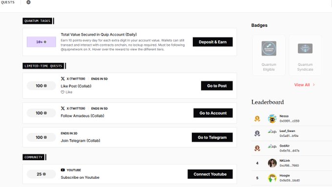 The image shows a "Quests" page featuring reward-based tasks, including a 10-point daily quest to secure value in a Quip account, social media tasks (100 points each) for X (Twitter) likes and follows of @quipnetwork, a Telegram join task, and a 25-point YouTube subscription task, alongside a Badges section and a Leaderboard listing users like Nessa, Leaf_Swan, and GoAir. The page visually reinforces the tweet's message about @quipnetwork's mission to democratize access to quantum computing by rewarding community engagement and outreach, turning participation into incentives.