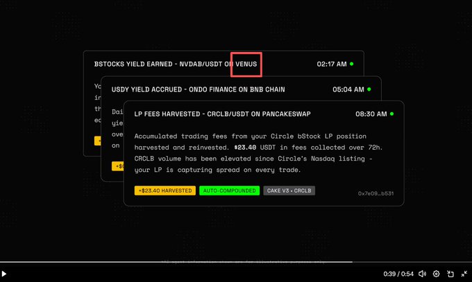 A video frame shows a stack of dark notification pop-ups tracking crypto yields, including 'LP FEES HARVESTED - CRCLB/USDT ON PANCAKESWAP' at 08:30 AM with '+823.40 HARVESTED' and 'AUTO-COMPOUNDED' tags.