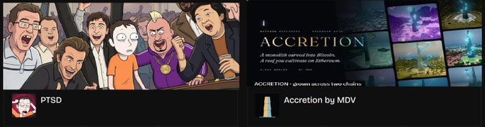 A split-screen showing Rick and Morty characters on the left labeled "PTSD," and a movie poster for "ACCRETION - A monolith arrived from Bitcoin" with an NFT titled "Accretion by MDV" on the right.