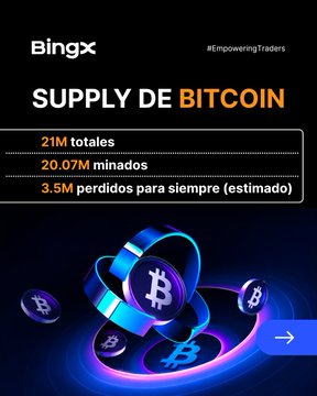 The image is a BingX promotional graphic titled "SUPPLY DE BITCOIN," highlighting key statistics: 21M total Bitcoin, 20.07M mined, and an estimated 3.5M lost forever. It visually reinforces the post's question about the amount of Bitcoin permanently lost and how it affects the actual circulating supply.