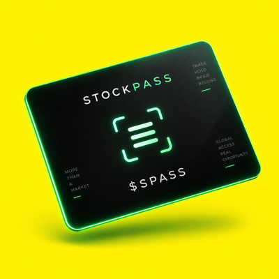 A neon-green and black branded card displays "STOCKPASS" alongside a scanner-style icon and the ticker "$SPASS", with surrounding text including "MORE THAN MARKET," "TRADE HOLD BUILD BELONG," and "GLOBAL ACCESS REAL SECURITY" — visually presenting itself as a crypto community badge or membership card tied to the StockPass token ecosystem referenced in the post.