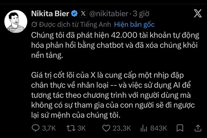 A tweet by Nikita Bier (@nikitabier) in Vietnamese announces that 42,000 automated bot accounts have been detected and removed from the X platform.