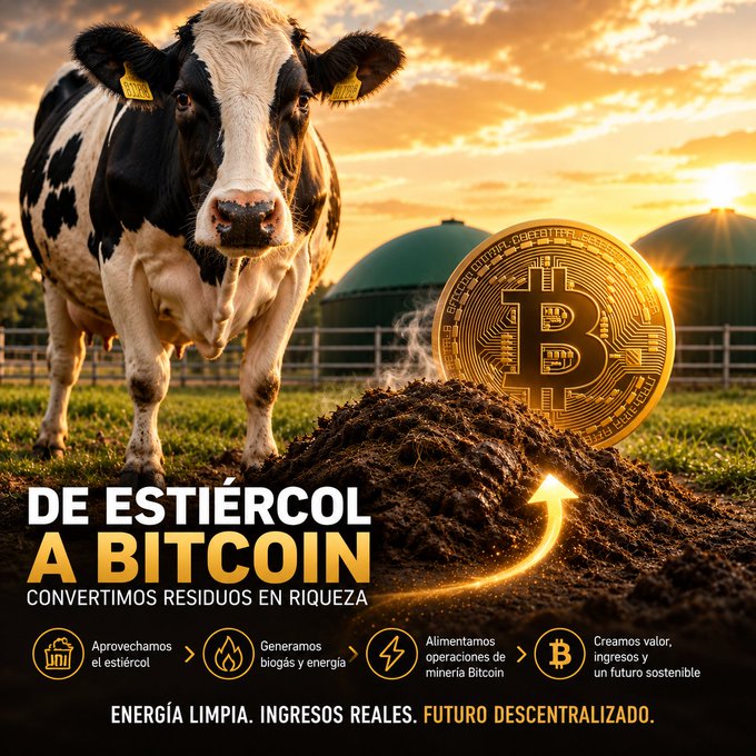 A promotional graphic in Spanish reading 'DE ESTIÉRCOL A BITCOIN' shows a cow next to a Bitcoin coin and a pile of manure, illustrating a process of converting waste into energy and Bitcoin mining.