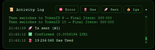 A "Tx sent" entry showing 0.0056194 LYX with 19,256,068 gas used, displayed in an activity log with filter tabs for Error, Gas, Sent, and Lyx—visualizing the new timestamp and filter update for the Burnt Pix Refiner dApp.