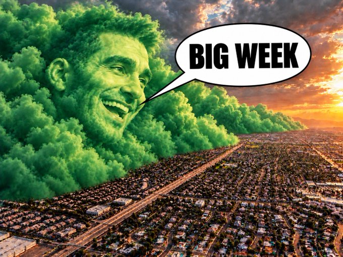 A humorous edit shows a giant green cloud in the shape of a laughing man's face towering over a city at sunset, with a speech bubble reading 'BIG WEEK'.