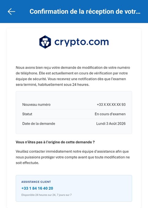 A confirmation screenshot from crypto.com in French about a phone number modification request, showing a new number (+33 X XX XX XX 93), status "En cours d'examen" (Under review), and customer support contact +33 1 84 16 40 20.