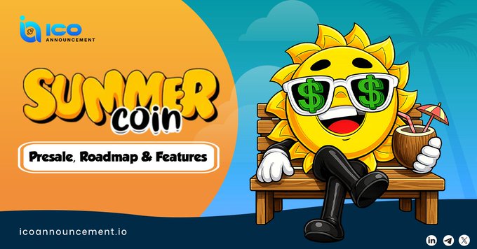 A cartoon sun mascot wearing sunglasses lounges on a beach chair with a tropical drink under the text "SUMMER coin – Presale, Roadmap & Features," promoting the $SUMMER seasonal low-supply memecoin on Solana with passive USDT rewards, branded with the icoannouncement.io logo.