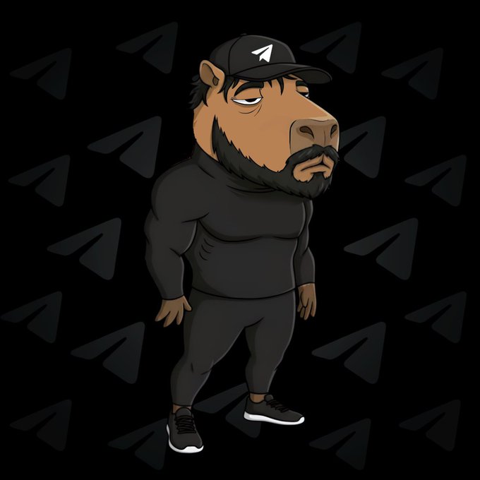 The image features a cartoon character with a beard wearing a black shirt and cap, standing against a black background adorned with various geometric shapes. The caption reads "CAPYDUROV on a black background with the @telegram logo is a rare gem from our NFT collection in the collection of 100 NFTs". This post highlights the uniqueness of the character's appearance and its connection to the NFT world, as it stands out among other models.