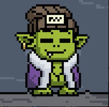 A pixel art image shows a green goblin-like character wearing a brown headband and a purple and white robe, smiling with a simple cartoonish design.