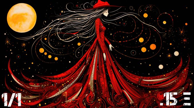 A stylized illustration of a woman in a flowing red dress and pointed hat against a black background with a yellow moon, stars, and swirling patterns, with the text '1/1' and '16' visible.
