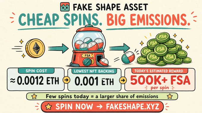 An infographic for 'FAKE SHAPE ASSET' promotes a token system with the tagline 'Cheap Spins. Big Emissions.', detailing a spin cost of 0.0012 ETH, a lowest NFT backing of 0.001 ETH, and 500K+ FSA rewards.