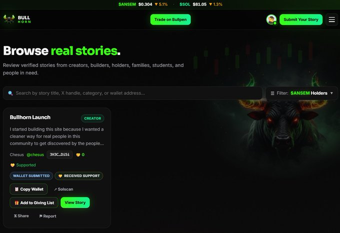 A dark-themed webpage screenshot from Bullhorn showing real stories from creators, with $ANSEM at $0.304 and $SOL at $1.05 ticker prices, and a 'Bullhorn Launch' creator story featuring a bull skull logo.