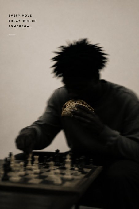 A shadowy silhouette with wild hair eats a taco while playing chess, accompanied by the text "EVERY MOVE TODAY, BUILDS TOMORROW." The image ties into the "Happy Taco Tuesday" post with the strategic chess play paralleling chart analysis, suggesting each calculated decision leads to future gains.