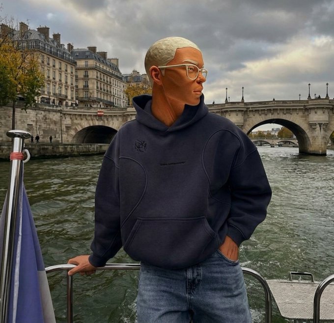 A digitally edited or AI-generated image of a bald man with glasses wearing a dark blue hoodie, standing on a boat on the Seine River in Paris with a bridge and classic buildings in the background.