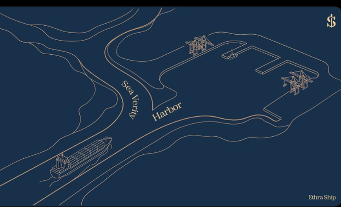 An elegant minimalist illustration in gold lines on a dark navy background depicting an aerial view of 'Sea Verity Harbor' with cargo ships, cranes, and a '$' symbol in the corner, branded 'Ethra Ship'.
