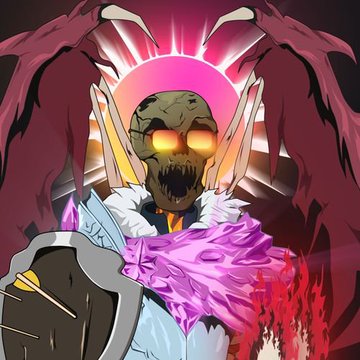 An anime-style illustration of a menacing skeletal figure with glowing orange eyes, wearing a white and purple feathered coat, surrounded by dark red wings.