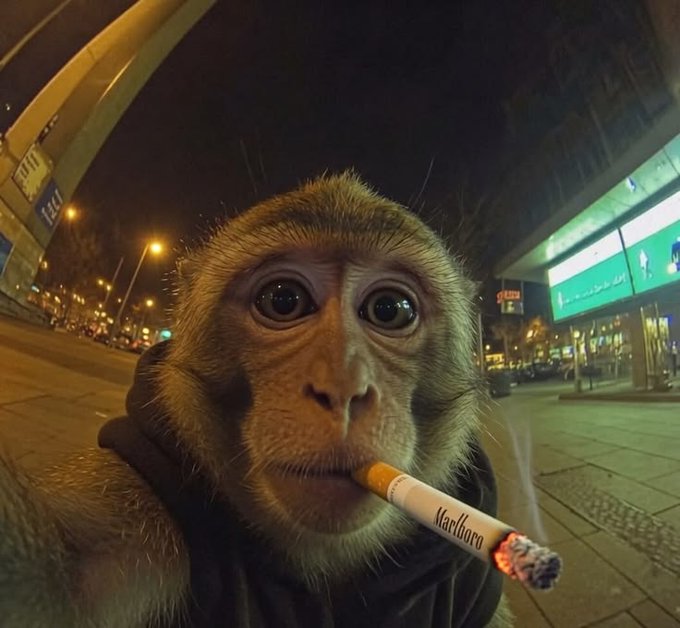A monkey smoking a Marlboro cigarette on a city street at night, used as a meme to mock projects with questionable fundamentals (no team, no investors, minimal TVL) that still expect massive airdrops—the "smoking monkey" implying investors are idiots for believing the hype.