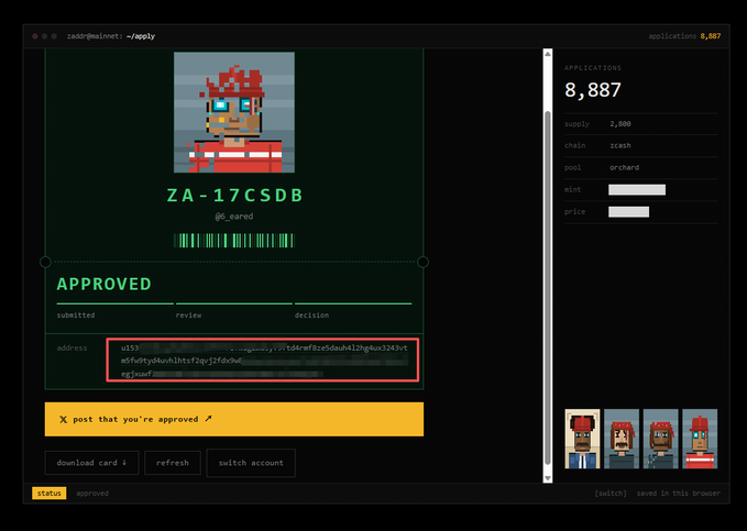 A pixel-art 'ZA-17CSDB' approved application on zadr9wallet showing wallet address, supply of 2,800, and Zcash chain details.
