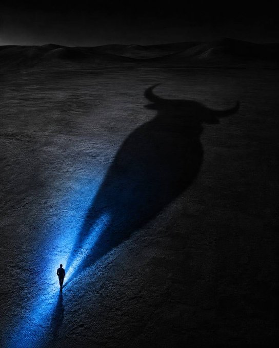 A lone figure stands illuminated by blue light, casting an enormous shadow of a bull across a dark, barren landscape—visually reinforcing the "bull season incoming $ANSEM" sentiment with its powerful, looming bullish imagery.