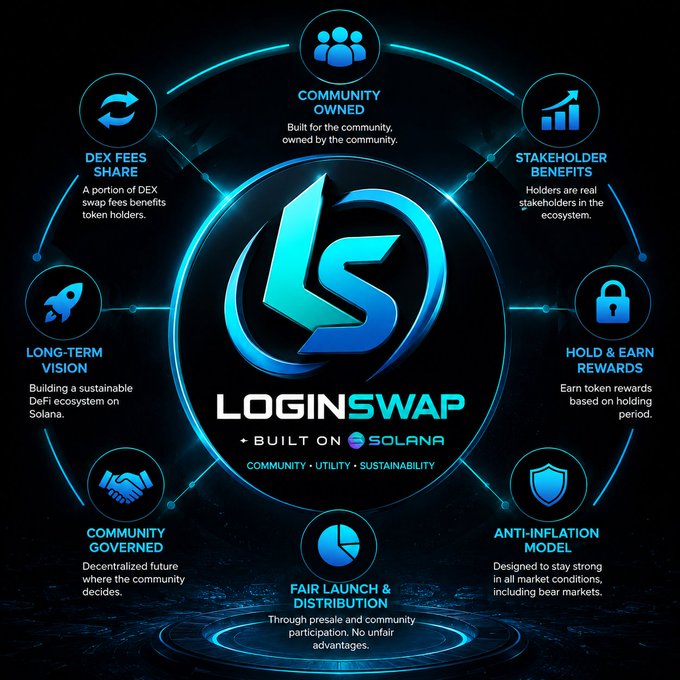 The image features a circular logo with blue text that reads "Loginswap" at its center, surrounded by various icons representing different aspects of the platform. The icons include a rocket, shield, lock, and key, which are symbols commonly associated with cryptocurrency and blockchain technology. These icons also represent community-driven tokenization, token utility, long-term holding rewards, and sustainable DeFi vision on Solana.