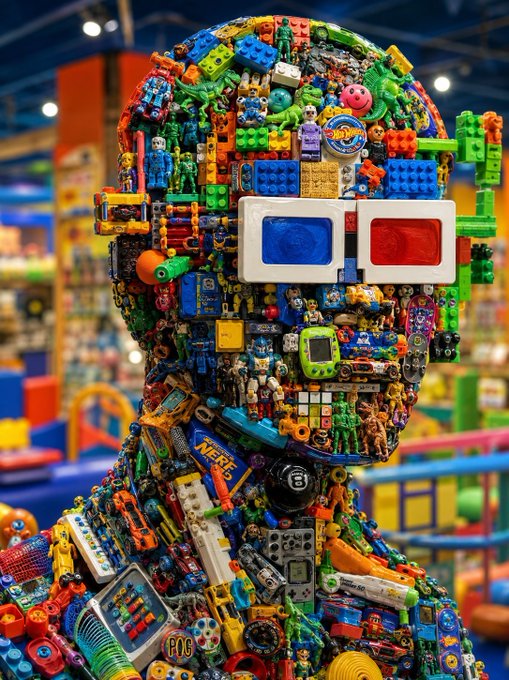 A surreal sculpture of a human head and bust completely covered in colorful LEGO bricks, toys, and miniature figures, wearing classic blue and red 3D glasses, displayed in a toy store setting.