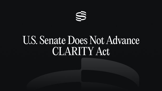 A dark news graphic with the Sandbox logo reading 'U.S. Senate Does Not Advance CLARITY Act' in white text.