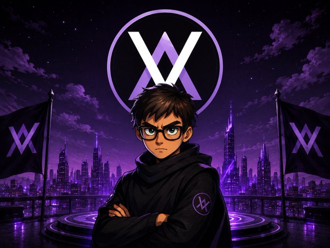 An anime-style character with glasses and a black hoodie stands with crossed arms before a purple cityscape, flanked by black flags with a stylized 'W' logo.