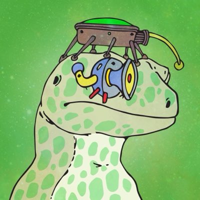 Cartoon illustration of a green spotted lizard-like creature wearing a complex mechanical headpiece with wires, dials, and a yellow tube.