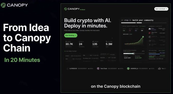 A promotional graphic for 'CANOPY' blockchain reads 'From Idea to Canopy Chain In 20 Minutes' and 'Build crypto with AI. Deploy in minutes.', featuring a launchpad interface preview.