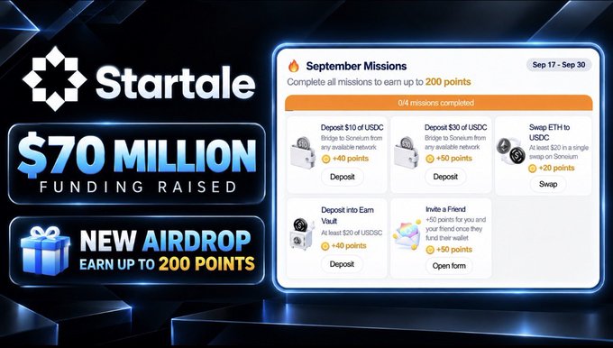 Startale gaming advertisement celebrating $70 million in funding raised and promoting a new airdrop with September Missions to earn up to 200 points.