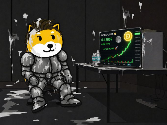 A cartoon illustration of a Doge character in a grey spacesuit sitting next to a computer monitor displaying a DOGE/USDT trading chart with a price of 0.42069, up 69.69%, accompanied by the text 'TO THE MOON 🚀'.