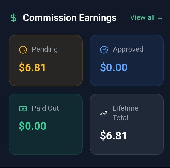 A dark-themed dashboard displays "Commission Earnings" with four panels: Pending $6.81, Approved $0.00, Paid Out $0.00, and Lifetime Total $6.81.