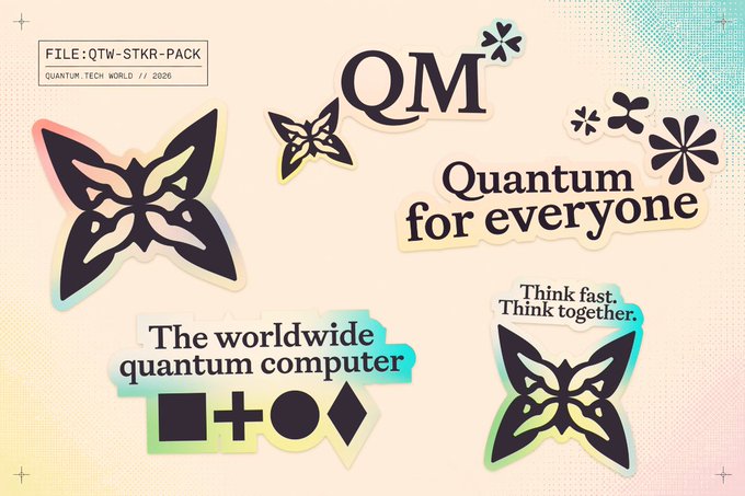 The image features a poster with four butterfly-themed stickers arranged in two rows of two. The text "QM" is written above each sticker, indicating that they are related to Quantum Computing. The phrase "Quantum for everyone" is also present on the poster. The background of the poster has a gradient color scheme and includes a quote about computing power from Quip Network.