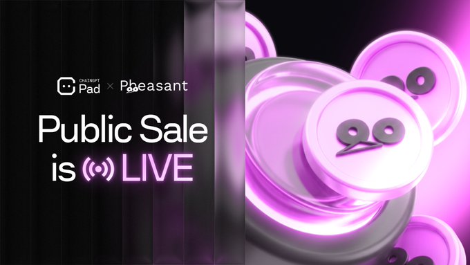A promotional graphic for a 'Public Sale is LIVE' collaboration between ChainGPT Pad and Pheasant, featuring pink 3D-rendered tokens against a black background.
