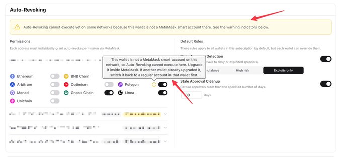 A screenshot of Revoke's "Auto-Revoking" settings page shows a warning that the wallet isn't a MetaMask Smart Account, with red arrows highlighting the warning and the "Stale Approval Cleanup" toggle for Polygon, BNB Chain, and Linea. This illustrates the PSA's point that Auto-Revoking requires a MetaMask Smart Account to function properly.