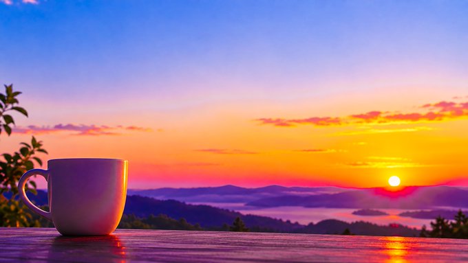A serene landscape photograph showing a white coffee mug on a wooden surface in the foreground, with a vibrant sunset over a mountainous horizon in the background.