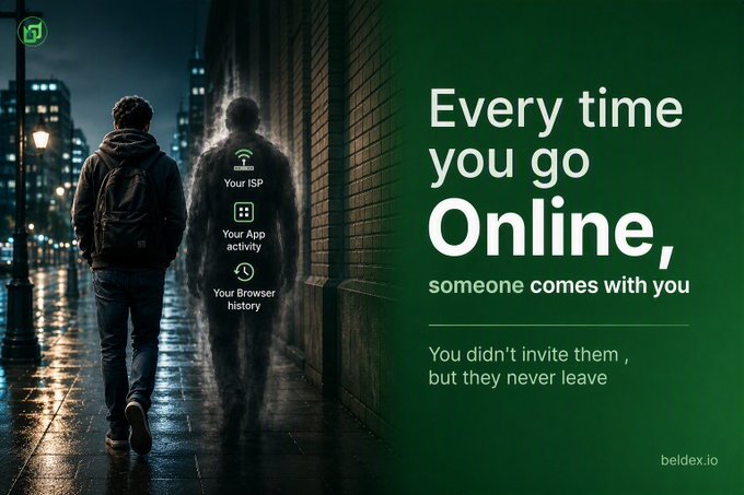 An advertisement graphic with the text 'Every time you go Online, someone comes with you - You didn't invite them, but they never leave' from beldex.io, showing a figure walking alongside an invisible silhouette labeled with 'Your ISP', 'Your App activity', and 'Your Browser history'.