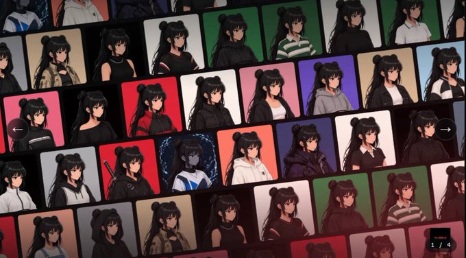 A grid display of multiple NFT-style profile pictures featuring an anime girl character with dark hair styled in buns, shown with various outfits and color backgrounds, with '1/1' visible in the corner.