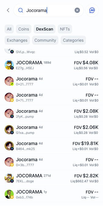 A mobile screenshot of a DexScan search for 'Jocorama' showing various token results with FDV values like '$4.08K' and '$19.81K'.